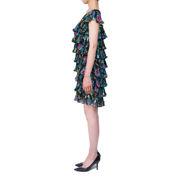 NWOT TARA JARMON Chiffon Pleated Tiered Dress in Multi Floral & Bird Print - Picture 3 of 15